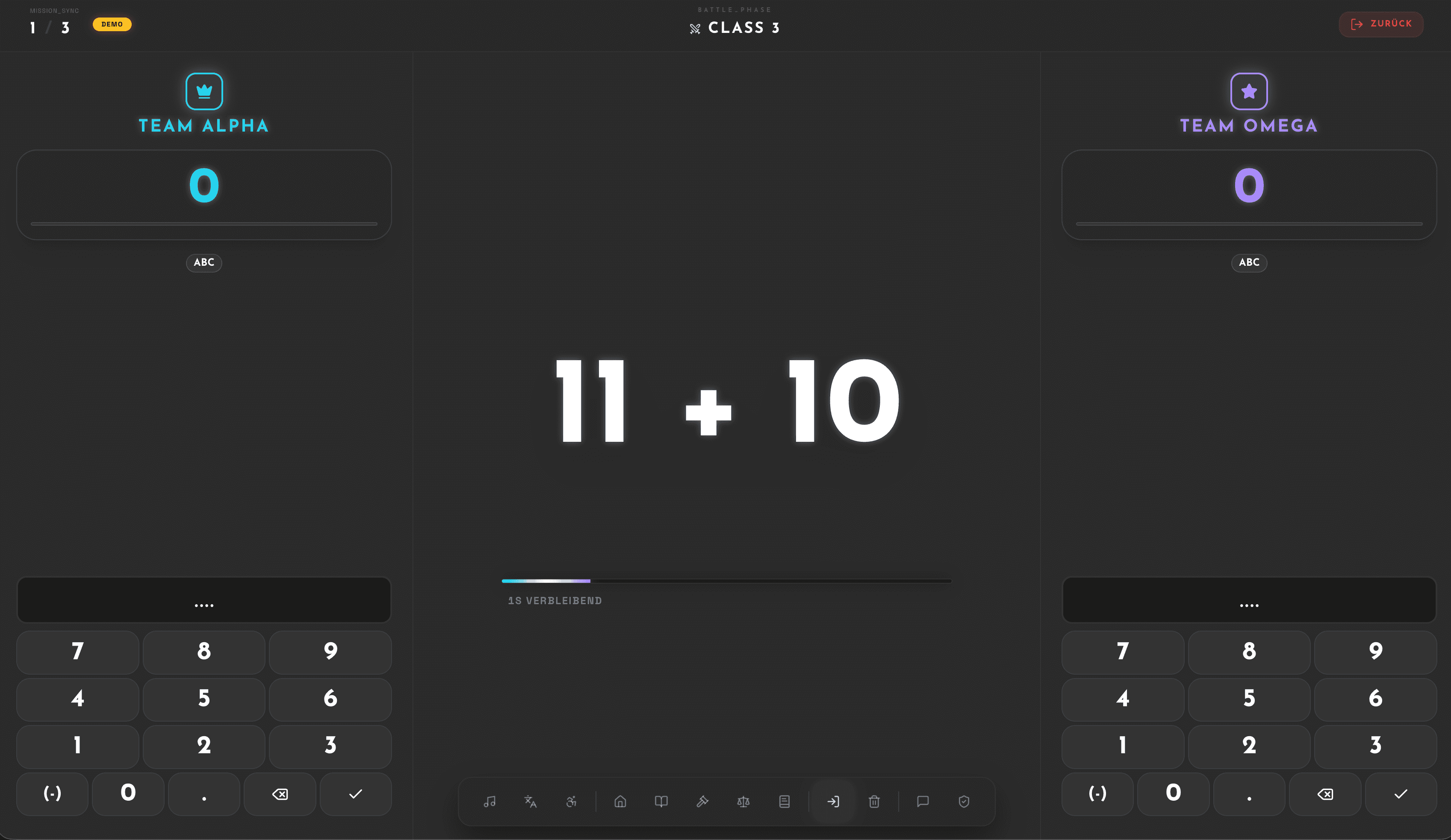 Split-screen view of a Numopia class duel: two teams take turns solving math problems on a large screen.